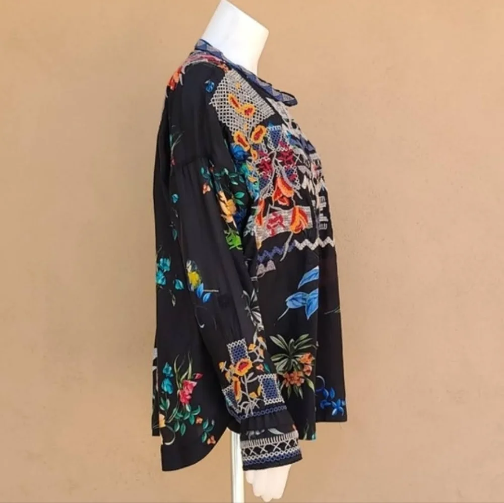 JOHNNY WAS BIYA ANTHRO Veda Embroidered Silk Blouse S M L Shirt Peasant Top Boho